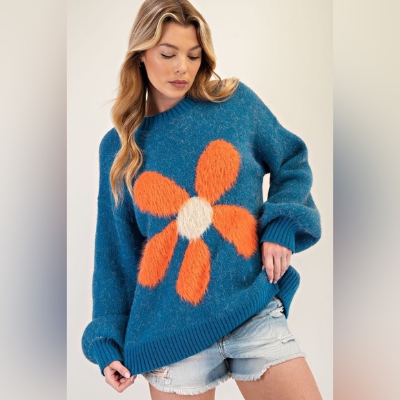 easel Sweaters - Easel Blue and Orange Floral Sweater
